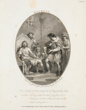 Illustration for the play by Shakespeare, 'Macbeth'. The ghost of Banquo in macbeth's seat.