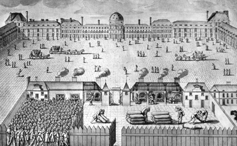distribution of bread in Tuileries palace in Paris in the 17th century, engraving
