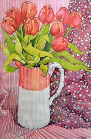Tulips in a Pink and White Jug, 2005 (watercolour)