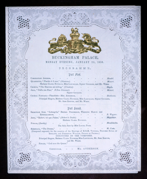 BUCKINGHAM PALACE, - SILK PROGRAMME, 1858 Concert at Buckingham Palace, London 25-1-1858