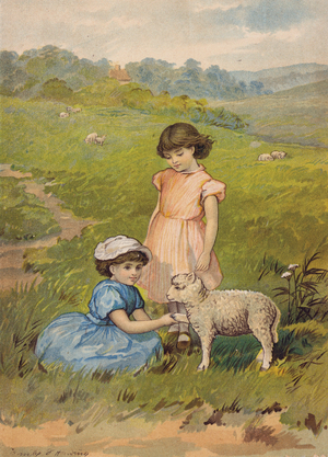 Two girls petting a lamb (chromolitho)