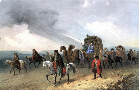 Tartars travelling across the Great Steppe. Lithograph c1840