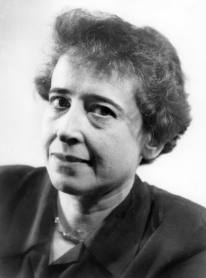 Portrait of Hannah Arendt, American political scientist and sociologist of German origin (b/w photo)