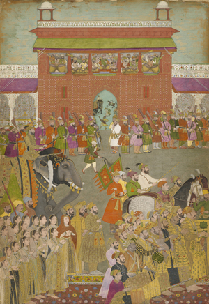 A Procession Scene with Musicians, from a copy of the Padshanama, Mughal period, mid 17th century (opaque w/c & gold on paper)