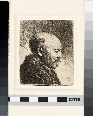 Bald headed man in profile right: Rembrandt's father?, 1630 (etching)