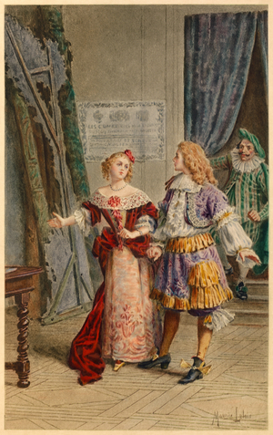Backstage at Scapin, Armande, Baron and Moliere (illustration)