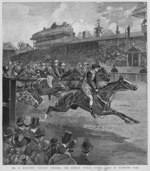 Euclid, owned by A Kilsyth, winning the Jubilee Stakes horse race at Kempton Park racecourse, Surrey, 1892 (litho)