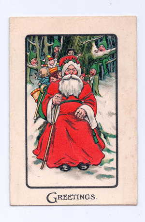 Edwardian postcard of a group of gnomes looking at a seated Father Christmas with a sack of toys on his back, c.1910 (colour litho)