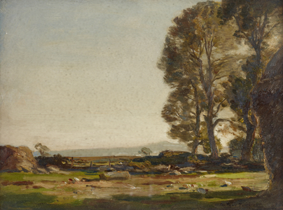 Flat Landscape with Trees and Haystack (oil on panel)