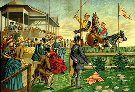 A horse racing finish (chromolithograph, circa 1900)