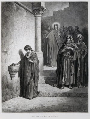 Christ and the widow; Illustration from the Dore Bible, 1866