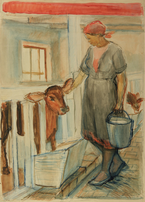 Girl Feeding a Calf, 1932 (tempera on paper)