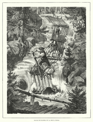 Wooden rafts on a stream in the Black Forest, Germany (litho)