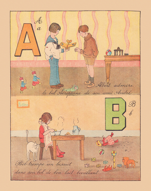 Albert admires the beautiful aeroplane of his friend André. Bob dips a cookie into his bowl of good boiling milk., around 1920 (print)