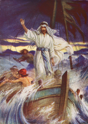 Jesus stilling the storm (colour litho)