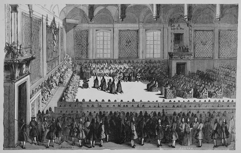 Louis XV's first bed of justice, age 4, 1715 (Engraving)