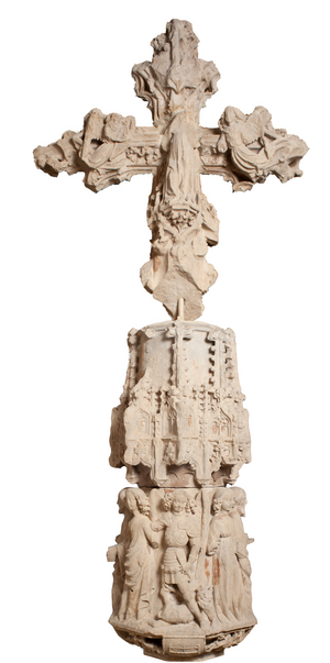 Museum Museu Comarcal de l'Urgell. A wayside cross Creu de terme. Sculpture. White stone. Originally of the church Carme de Tàrrega. 122x110x38,5cm. Museum ref MCUT 4417. 1424 - 1436.