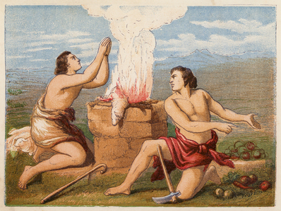 Cain and Abel's sacrifice (colour litho)