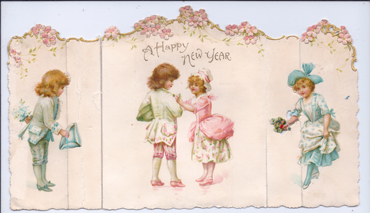 A die-cut Edwardian New Year Card in the shape of a folding screen depicting children dressed as adults presenting bouquets, circa 1910 (coloured lithograph)