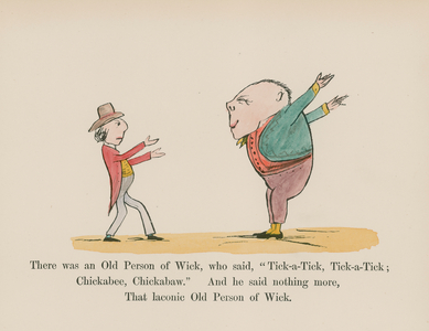 There was an Old Person of Wick, who said, Tick-a-Tick, Tick-a-Tick (coloured engraving)