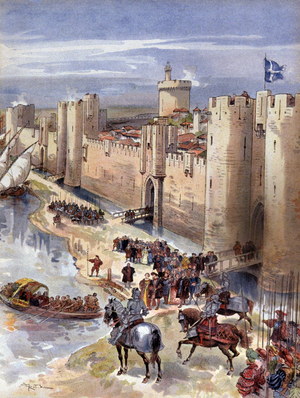 Meeting of Aigues Mortes between Francis Ist of France and The emperor Charles V, in front of the rampart, July, 14, 1538. 1909 (illustration).