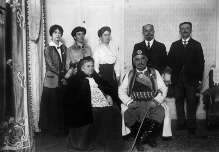 Montenegro Royal family in Lyon : l-r pricesses Vera (1887-1927), Xenia (1881-1960) and Militsa (1866-1951), daughters of king, council president, prince Danilo (1871-1939), son of king, and in the foreground : king Nicolas 1st (king in 1910-1918) and queen Milena Vukotic (1847-1923)