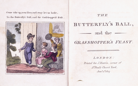 Illustrated frontispiece from the children's book, 'The Butterfly's Ball and the Grasshopper's Feast' by William Roscoe (1753-1831), 1807 (hand-coloured engraving)