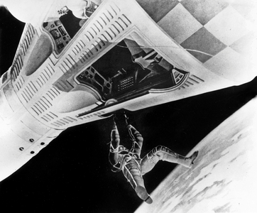 Drawing of Astronaut David Scott walking in space outside Gemini VIII space capsule 1966 (Gemini project)