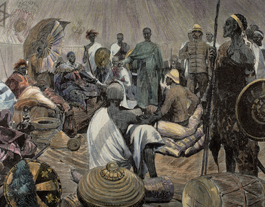 Ashanti rulers talking with British officers. Ghana. Engraving.