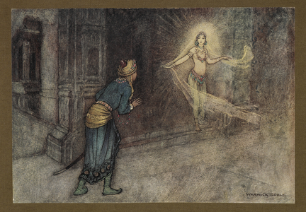 Plate 13: "He saw a beautiful woman coming out of the palace", from Folk-Tales of Bengal ... With 32 illustrations in colour by Warwick Goble (Edition de luxe.) 1914 (colour litho)