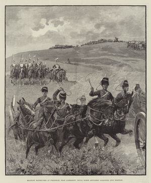 Military Manoeuvres at Frensham, near Aldershot, Royal Horse Artillery galloping into Position (engraving)