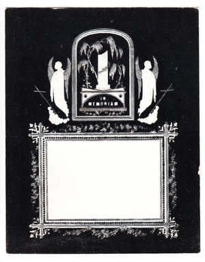 A Victorian memorium card of angels and weeping willow on a headstone, c.1880 (monochrome)