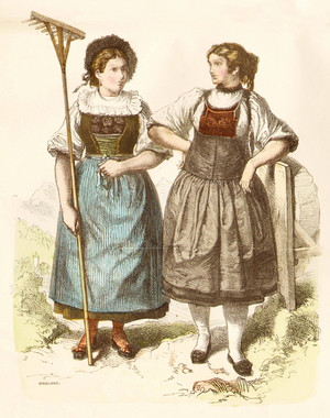 Swiss traditional costumes, 19th century (copper plate print)