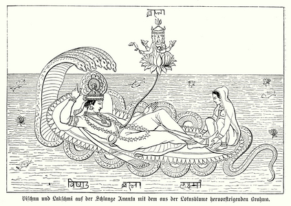 The Hindu god Vishnu and his wife Lakshmi resting on the serpent Ananta Shesha with Brahma emerging from a lotus flower attached to Vishnu's navel (engraving)