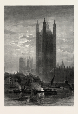 The Victoria Tower, from Lambeth, Scenery of the Thames, UK, 19th Century Engraving