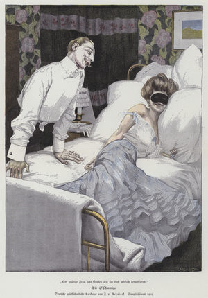 Man talking to a masked woman in bed, 1905 (litho)
