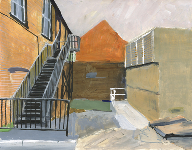 Small courtyard, Wandsworth, 2025 (acrylic, acrylic paint pens, India ink pens, oil-based ink pens, and graphite on paper)