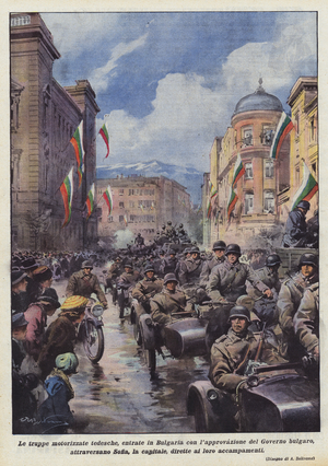 German motorized troops, who entered Bulgaria with the approval of the Bulgarian government  (colour litho)