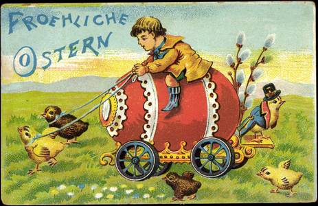 Congratulations Easter, Easter cart is drawn by chicks