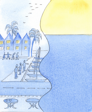 In a seaside town, we can gaze at the busy streets and harbour, or turn to admire the sky and the calm sea, 2003 (w/c on paper)