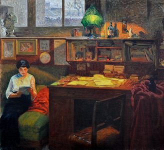 Under the lamp, 1920 (oil on paperboard canvas)