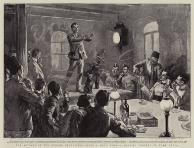 The Advance in the Soudan, Recreation after a Day's Work, a Smoking Concert at Wady Halfa (engraving)
