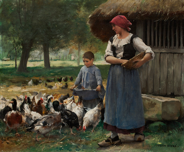 Farm Girl Feeding Chickens (oil on canvas)