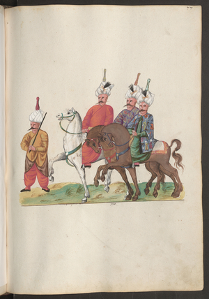 Personnel of the Persian embassy: three high-ranking Persians on horseback with a companion