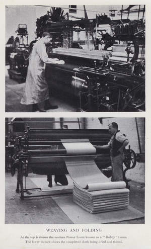 Power Loom, or Dobby Loom, and the finished cloth being dried and folded (b/w photo)