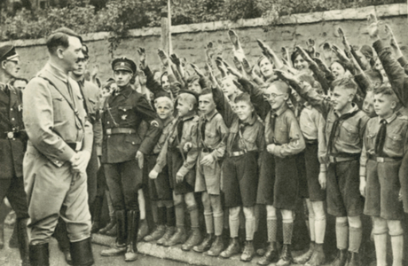 Members of the Hitler Youth in Saxony saluting Nazi leader Adolf Hitler, Erfurt, Germany, 1933 (b/w photo)