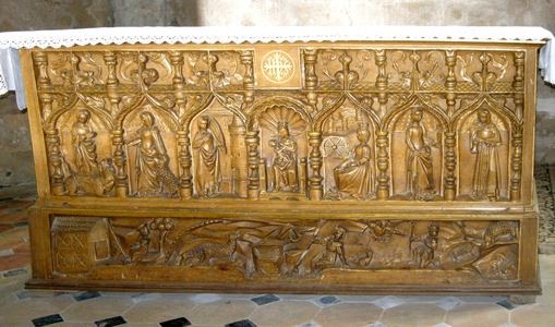 Sculpted chest depicting holy women, Virgin and Child, and the Annunciation to the Shepherds, Souday, Loir et Cher, France (photo)