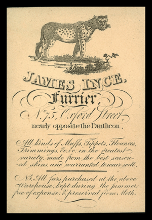 Trade card for James Ince, furrier, London (engraving)