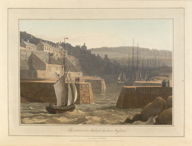 The entrance to Amlwch harbour on Anglesey or Anglesea in Wales. The coastline and landscape of Great Britain. Drawn and engraved by William Daniell.