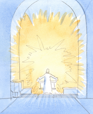 When the bread has been consecrated at Mass, Christ is substantially Present on our altar, in all His glory, 2004 (w/c on paper)